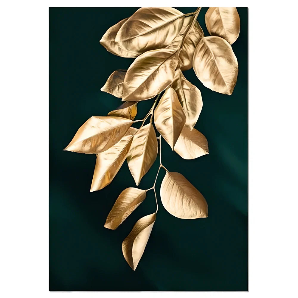 Elegant abstract golden leaves canvas wall art with various size options for home and office decor