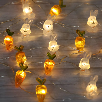 Easter LED bunny string lights with carrot and transparent white rabbit shapes on flexible copper wire