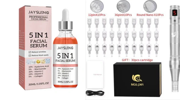 Spiral mouth electric microneedle device with 30 stainless steel heads in storage case, adjustable depth control display