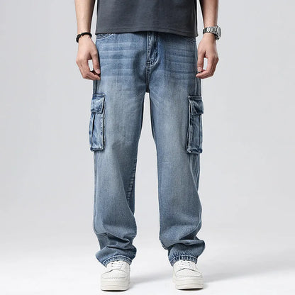 Men's high-waisted loose denim trousers with multiple pockets showing straight leg opening