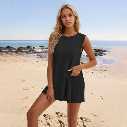 Stylish two-piece knit jumpsuit in a variety of vibrant colors, featuring a split-front top and comfortable shorts