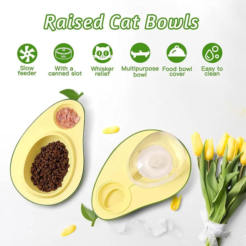 Avocado shaped automatic pet water dispenser and food bowl for cats with slow feeder option