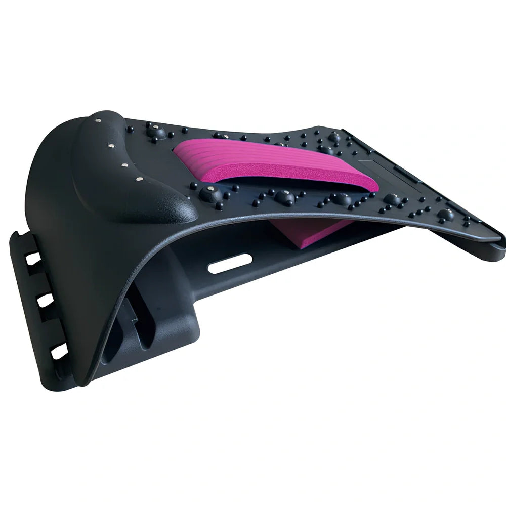 Black back massager with magnetic acupuncture points and adjustable stretch settings on grey background