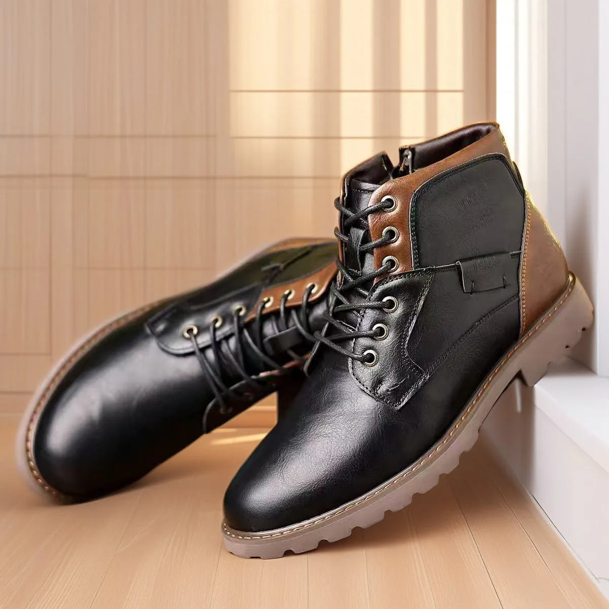 Men's brown side-zip Martin ankle boots with round toe and rubber sole