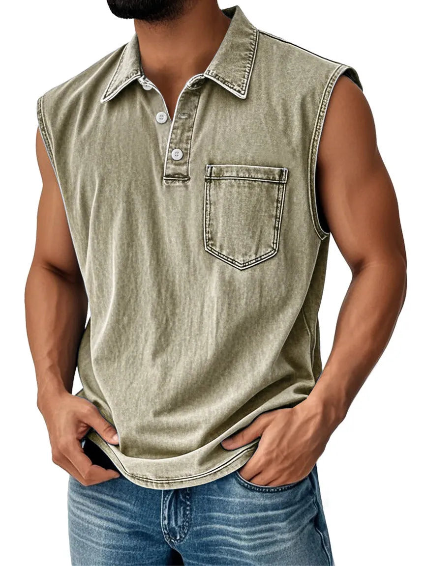 Man wearing a short-sleeve polo shirt with a colourful 3D digital print design on the front.