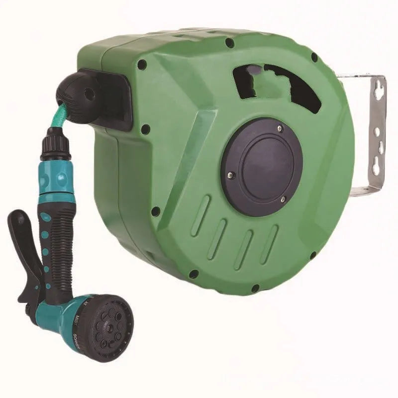 Automatic retractable hose reel with 10 metre PVC water pipe for car washing and garden watering, featuring 30.5 x 16.5 x 28.5 cm appearance size and includes 1 metre input water pipe with 8x12mm specification