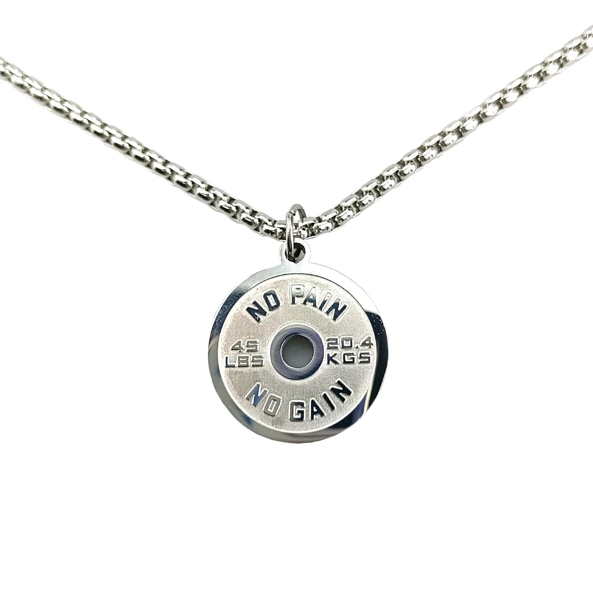 Stainless steel barbell disk necklace with polished pendant on 60cm chain