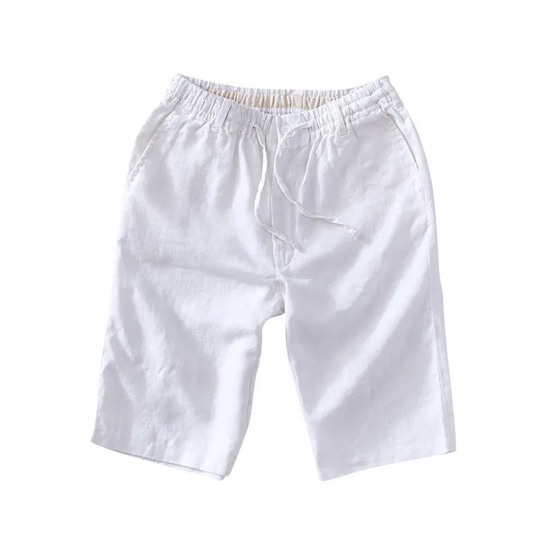 Men's loose-fit linen capri pants in a straight-leg style on a white background