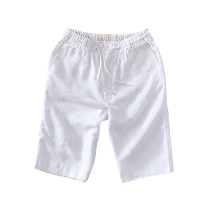 Men's loose-fit linen capri pants in a straight-leg style on a white background