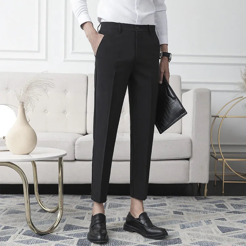 Striped jacquard sweater top and trousers set with American lapel and short sleeves, shown in black pants and brown top