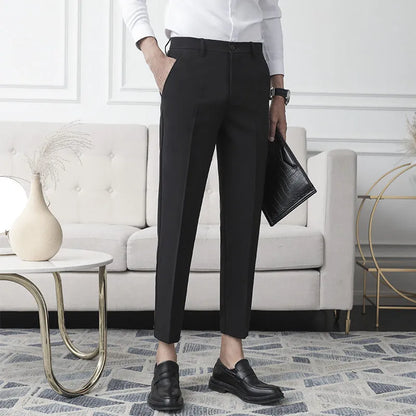 Striped jacquard sweater top and trousers set with American lapel and short sleeves, shown in black pants and brown top