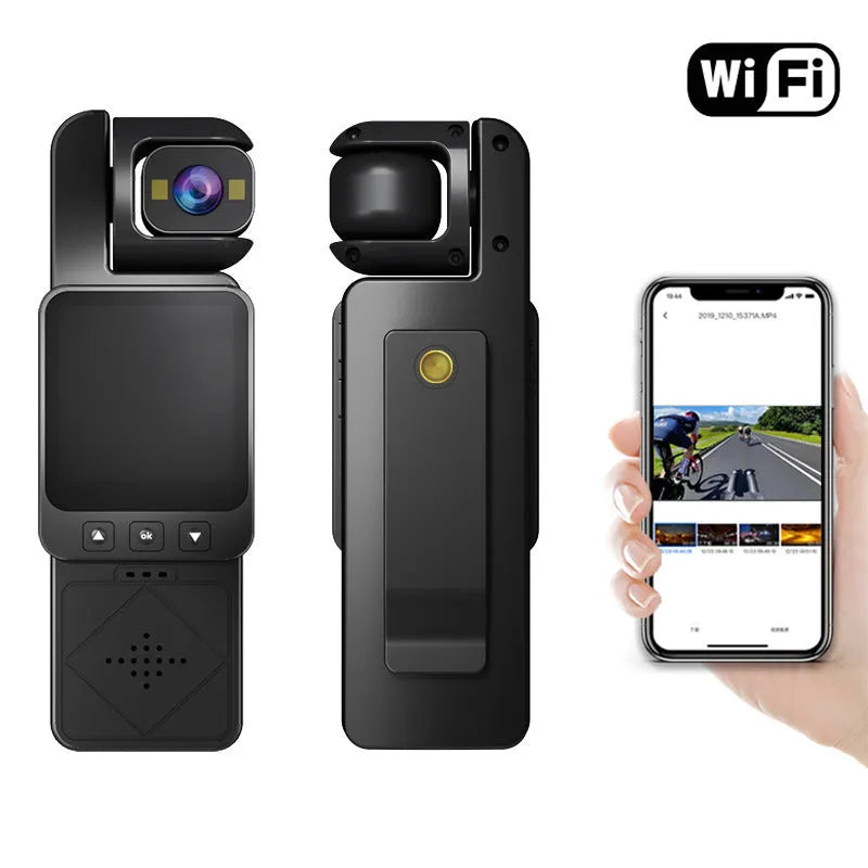 Handheld portable camera in black or silver, 3.7 cm wide, 2.4 cm deep, 11 cm tall, ABS plastic body, for sports and outdoor use