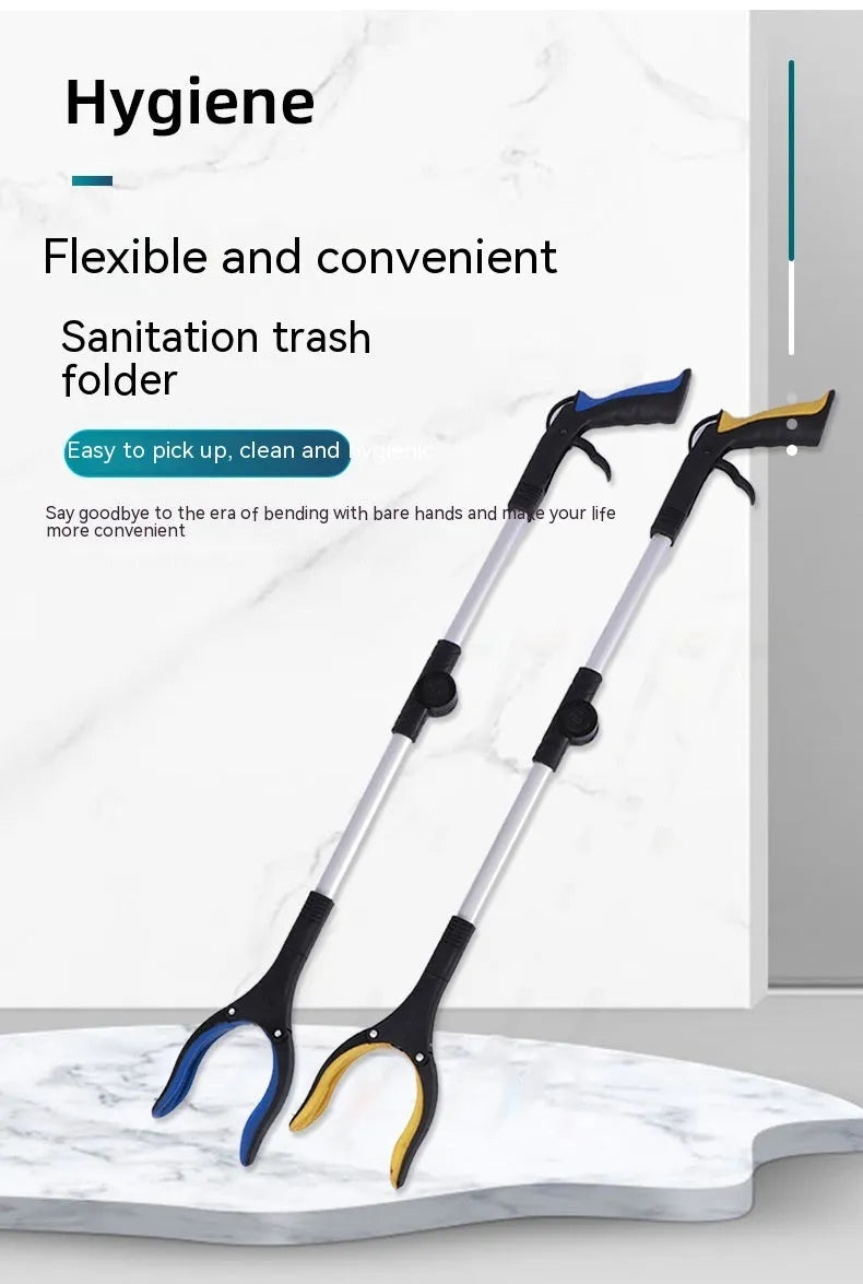 Foldable aluminium garbage clamp with a blue handle, shown extended and with a magnet sucker on the head.