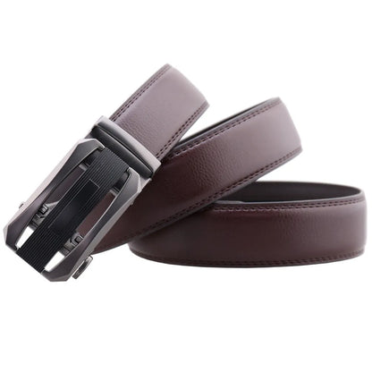 Men's alloy click belt with matte gun rectangular buckle and two-layer cowhide strap in black or brown, 110-130cm.