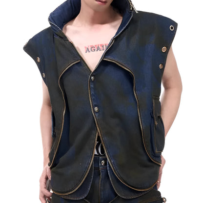 Korean style hooded denim vest coat jacket with matching blue trousers