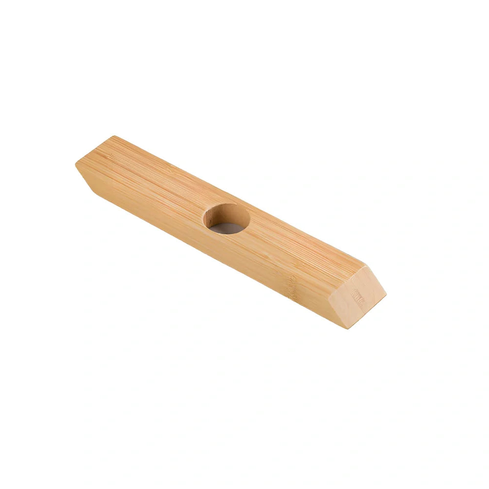 Natural bamboo wine bottle rack holding six bottles with wood grain visible