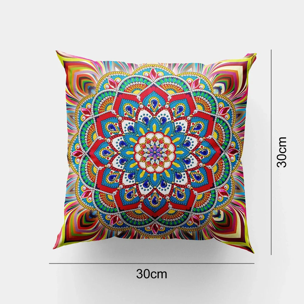 Handmade mandala pattern cushion cover with customisation kit including drill bag and assorted beads
