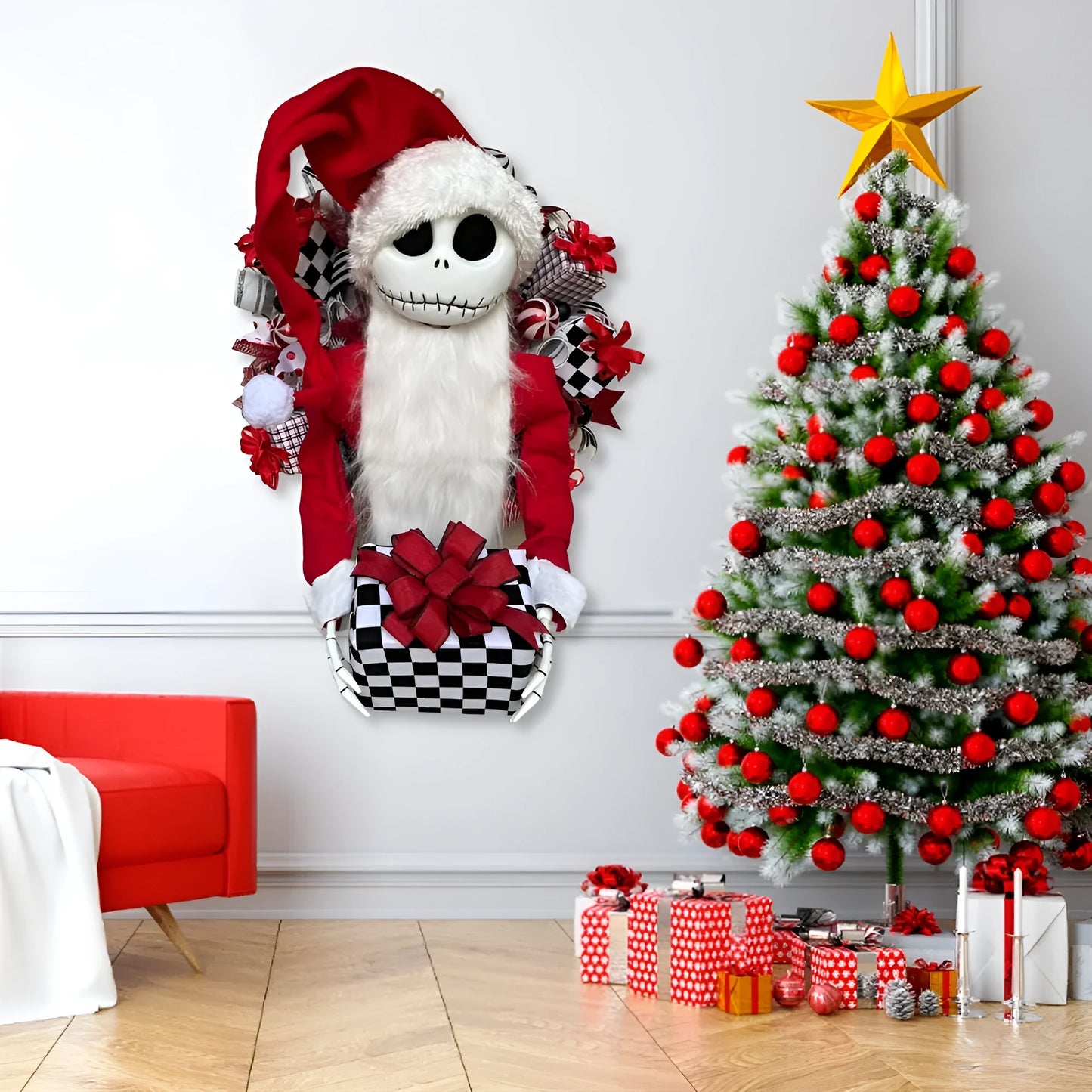 Jack doll Christmas garland with wooden structure and cloth details for window display