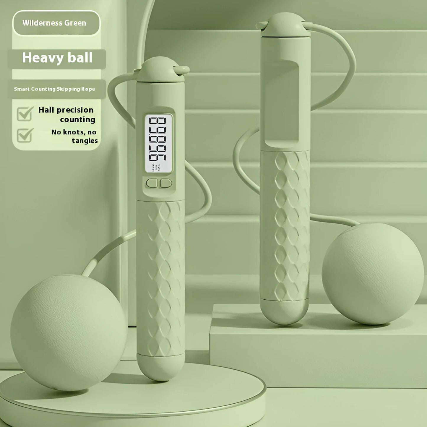 Skipping rope with bearings in various colours like black long shoelace or green cordless, made from ABS plastic for fitness use.