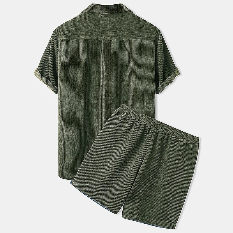 Corduroy short sleeve suit two-piece in yellow, green, and light blue