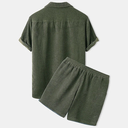 Corduroy short sleeve suit two-piece in yellow, green, and light blue