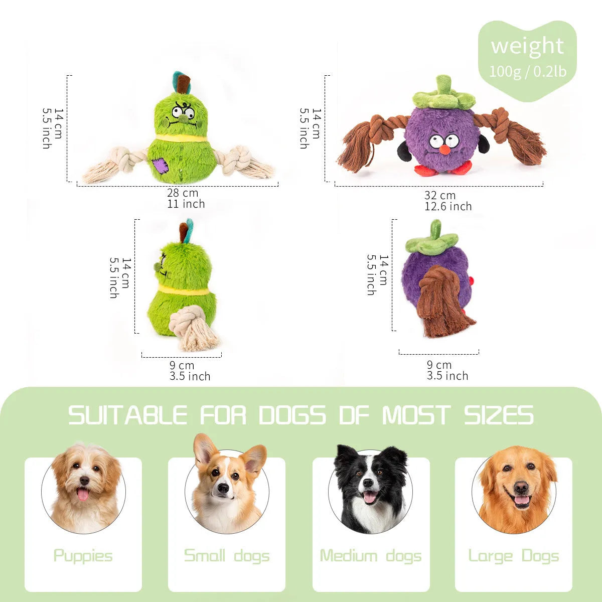 Green and purple plush dog toy with a central rope knot for tugging and chewing.
