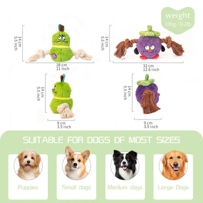 Green and purple plush dog toy with a central rope knot for tugging and chewing.