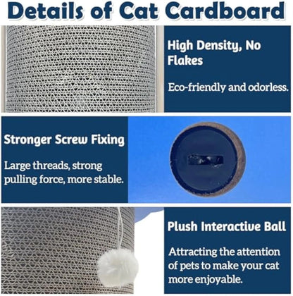 Grey corner cat scratcher with replaceable cardboard board and hanging red ball
