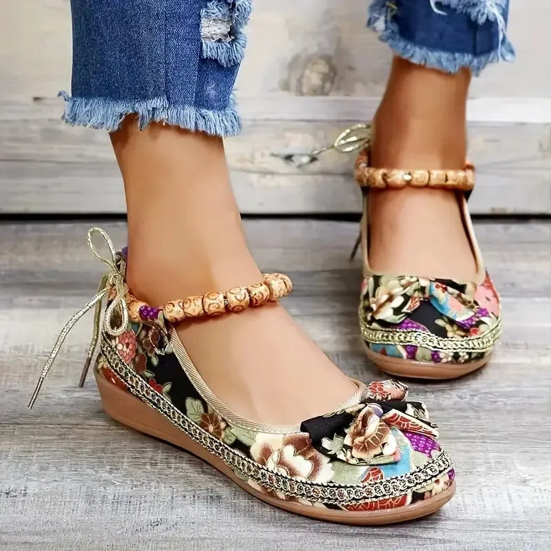 Women's black ethnic style platform sandals with cloth upper and PU sole