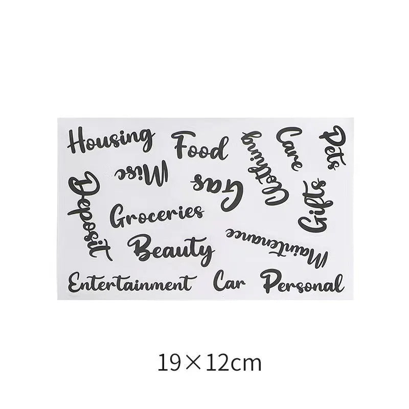Handwritten label adhesive sticker set showing grid layouts, sticky notes, and A6 rulers on paper
