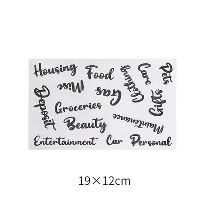 Handwritten label adhesive sticker set showing grid layouts, sticky notes, and A6 rulers on paper