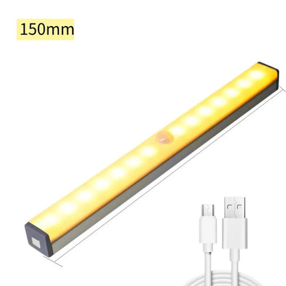 A matte aluminium LED closet light with a magnetic back, shown mounted inside a wooden wardrobe.