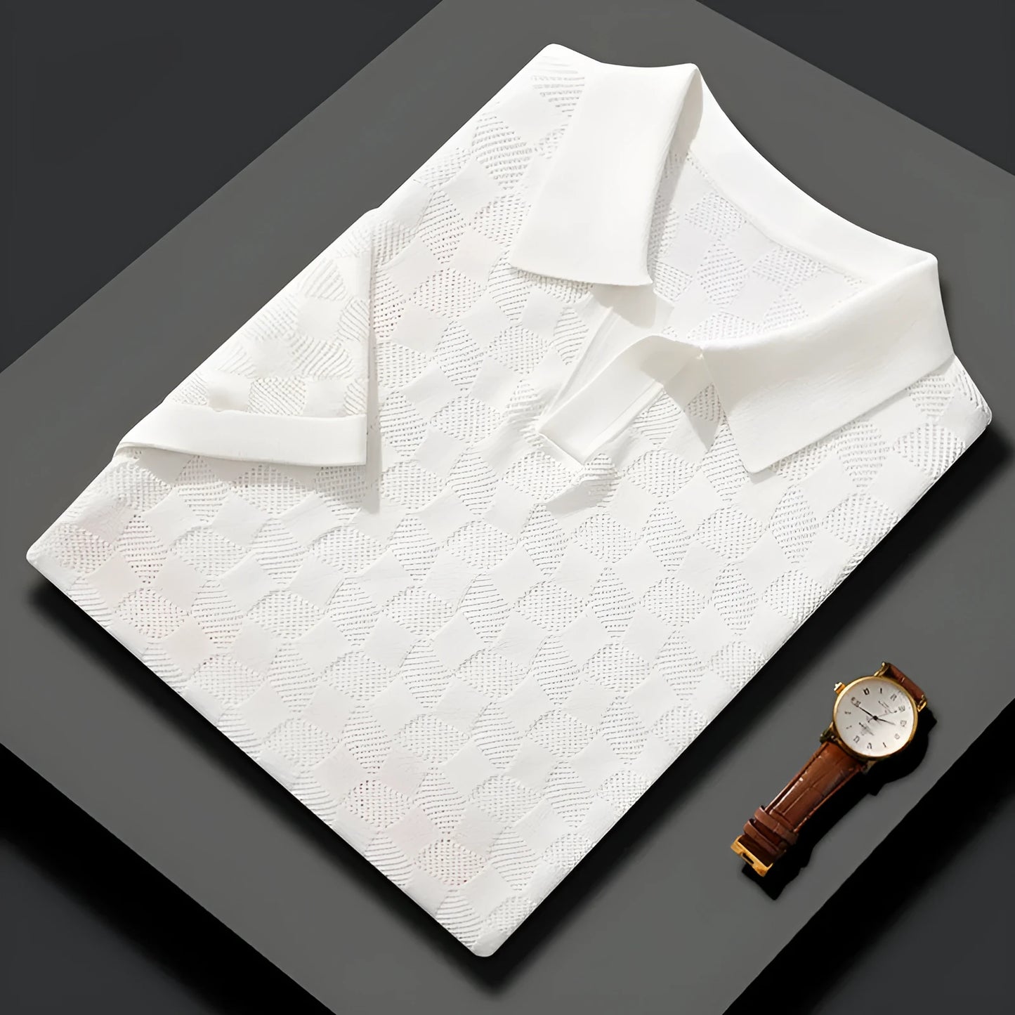 Men's mulberry silk short sleeve lapel sweater in a solid colour for business-casual wear.