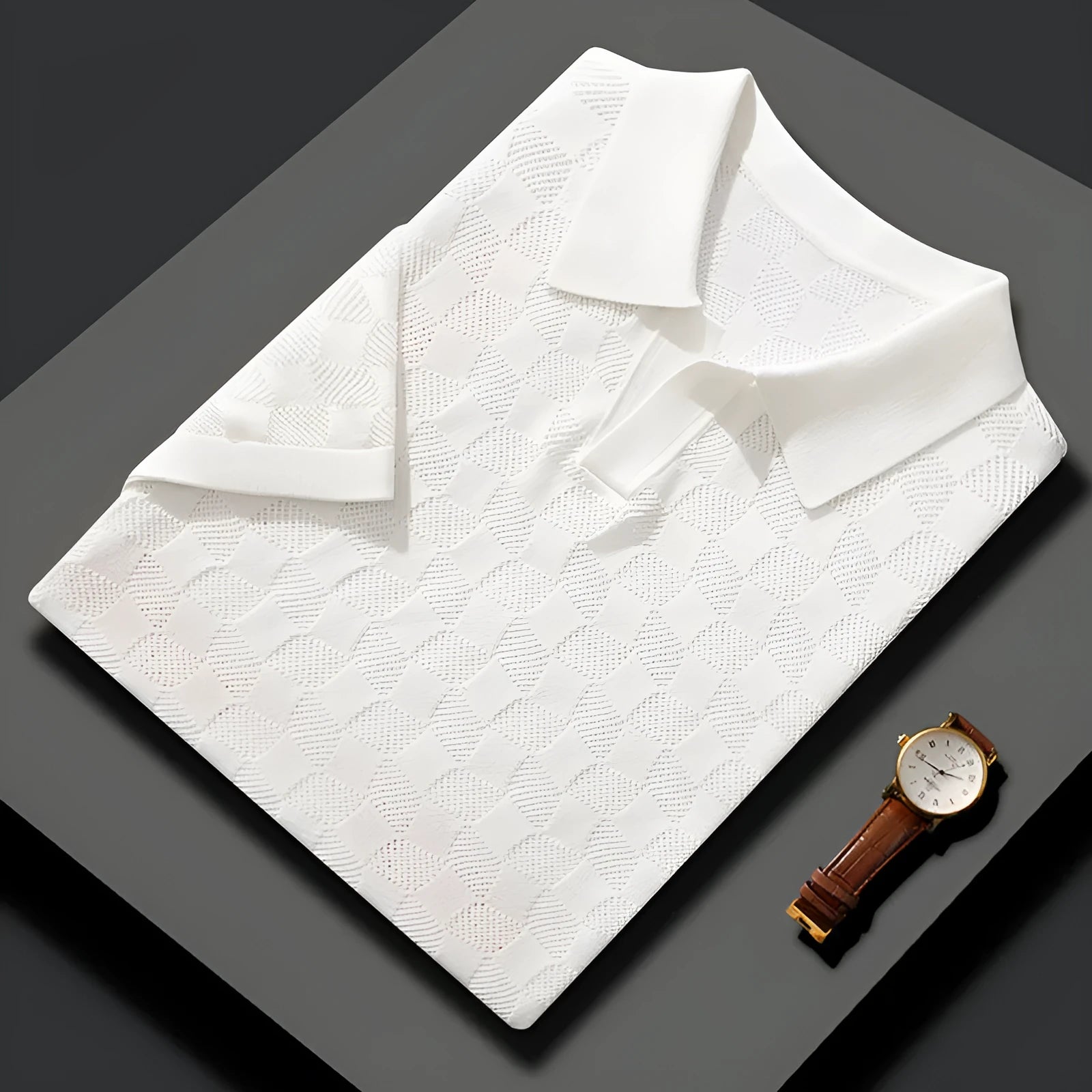 Men's mulberry silk short sleeve lapel sweater in a solid colour for business-casual wear.