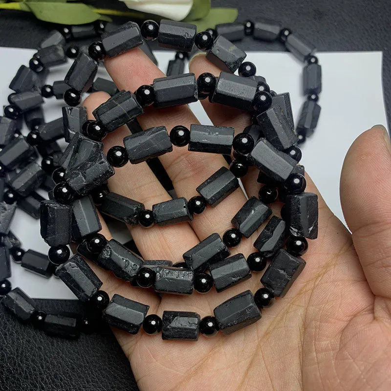 Natural black tourmaline rough stone bracelet with 10mm size and approximately 8.5-9mm beads