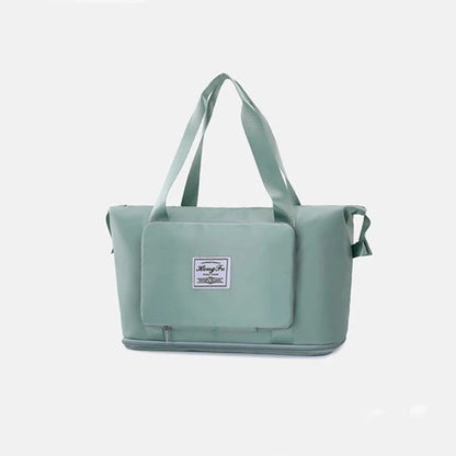 Stylish and spacious foldable travel bag for women, featuring a water-resistant Oxford cloth construction, multiple pockets, and convenient carrying options.