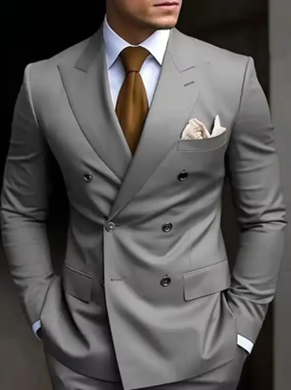 Man wearing a grey Korean-style slim fit two-piece suit with a structured jacket.