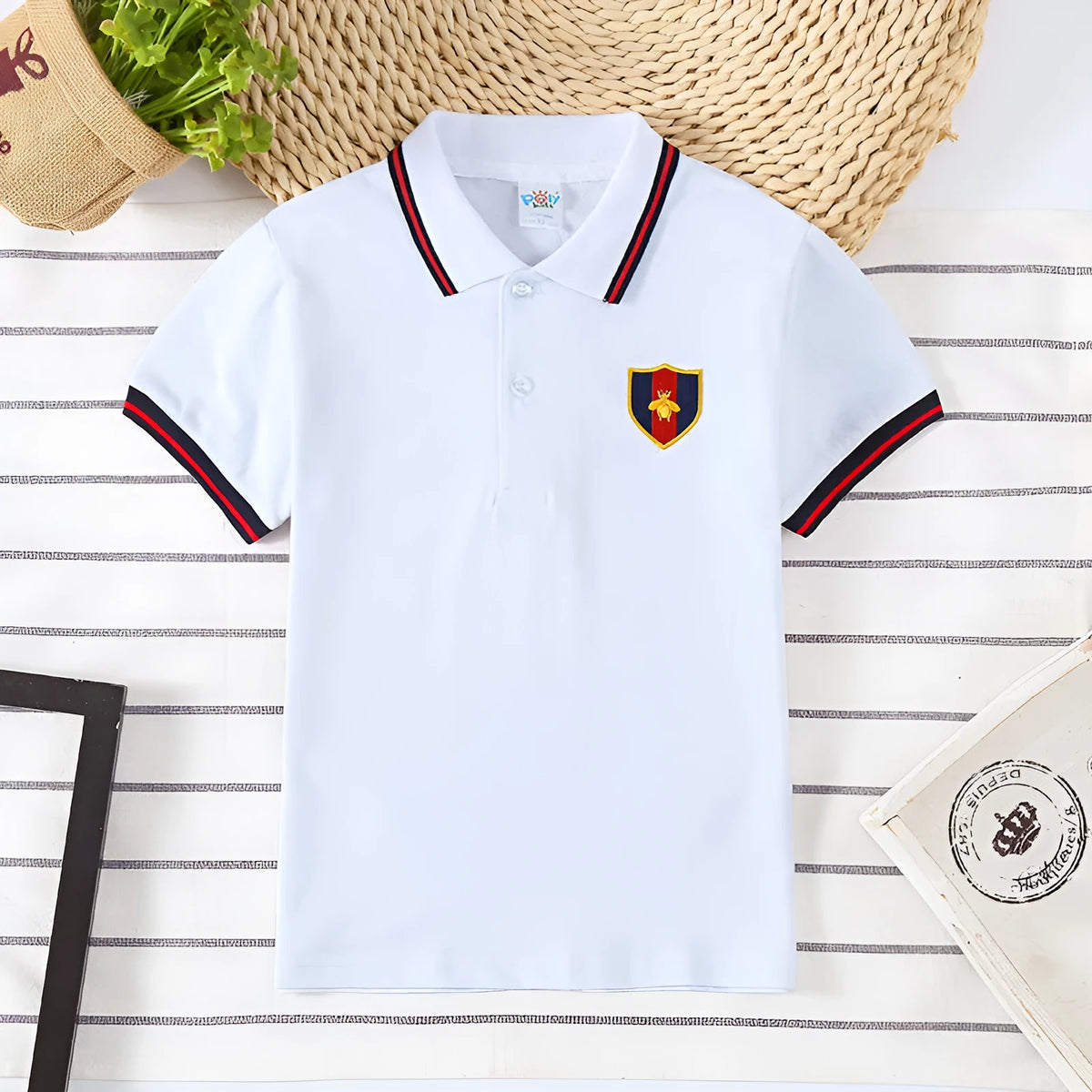 Boys' cotton short sleeve lapel collar shirt in red, navy blue, bright yellow, or off-white, sizes 90cm to 130cm.