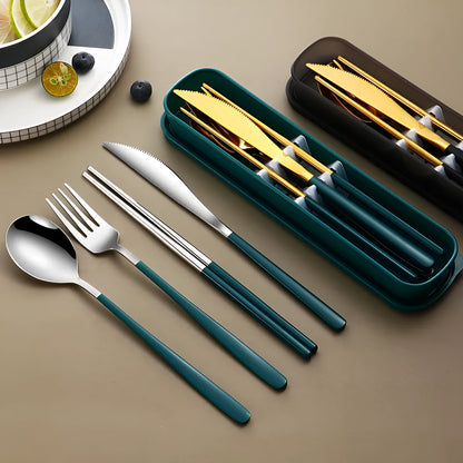 Gold and black stainless steel knife fork spoon set inside a grey mesh carrying bag.