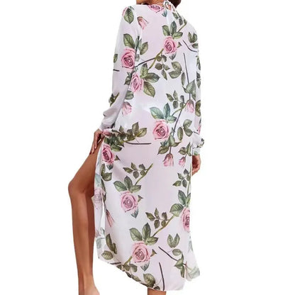 White printed three-piece women's swimsuit set with bikini and blouse cover-up
