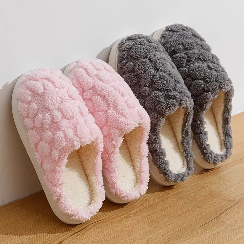 Unisex cartoon plush slippers with memory foam heels and anti-skid EVA soles in pink, green, beige, gray and brown