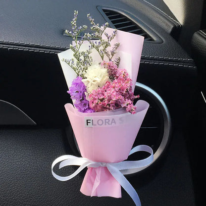 Dried flower car air freshener set with colourful bouquet and fragrance strips for air conditioning vents
