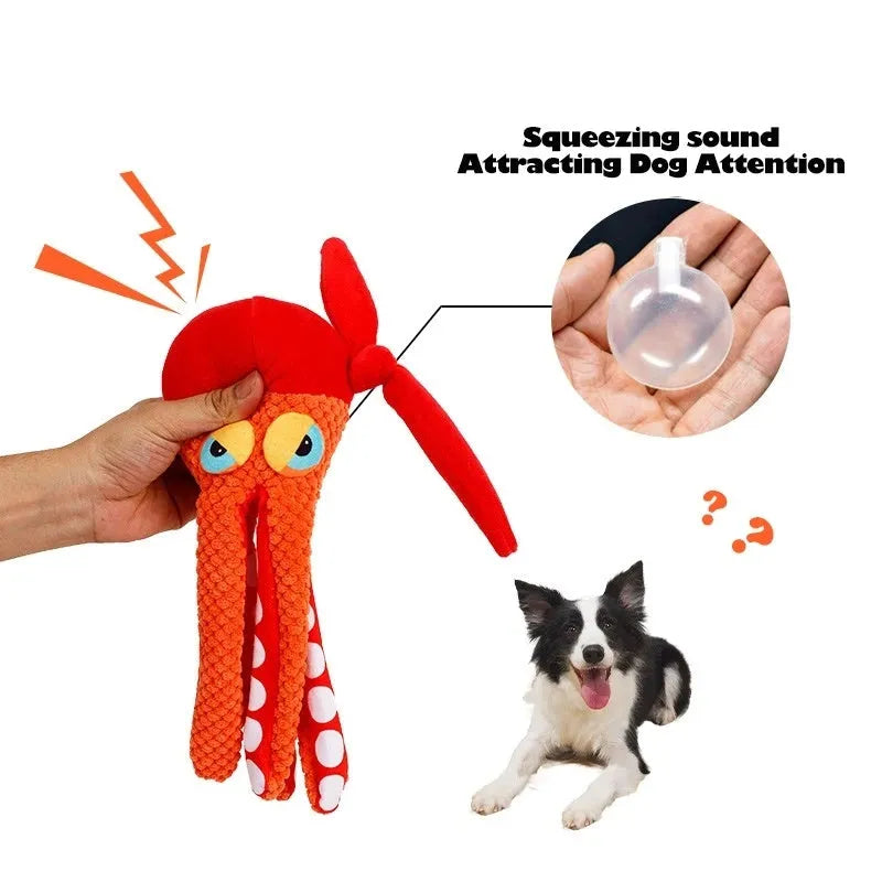 Orange plush octopus dog toy with textured tentacles for dental cleaning and squeaker inside