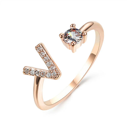 Personalized Initial Letter Crystal Ring with Adjustable Design in Gold, Silver, and Rose Gold Colors