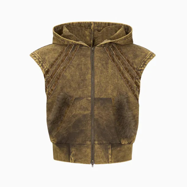 Korean style sleeveless tank top with hooded collar and zippered front paired with matching trousers