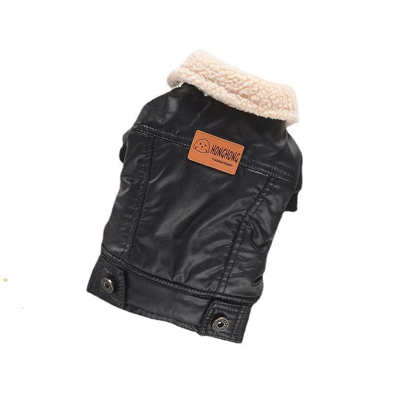 Red PU leather pet coat with fleece lining shown on dog model