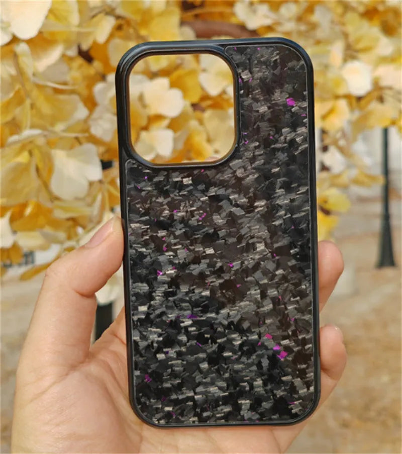 Magnetic plastic phone case for iPhone 12-15 in seven colours including Classic Carbon and Forged Blue.