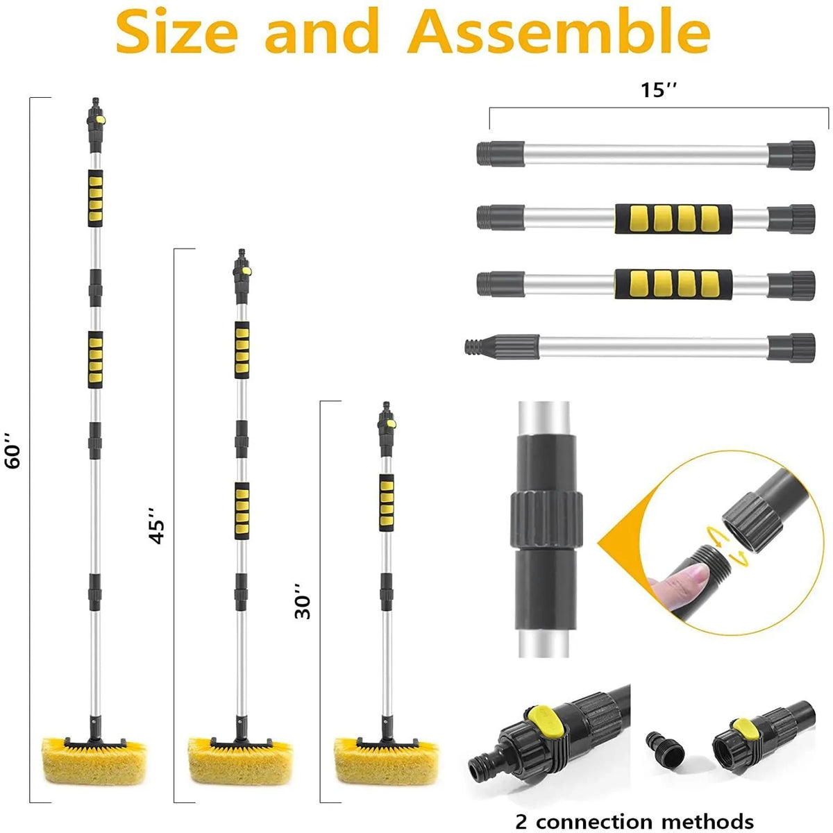 Yellow portable car wash brush with removable four-section rod and flow-through brush head