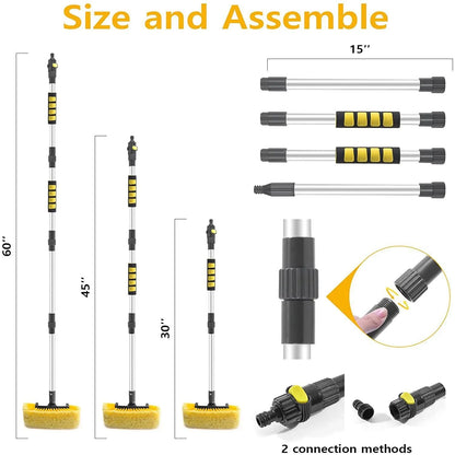 Yellow portable car wash brush with removable four-section rod and flow-through brush head