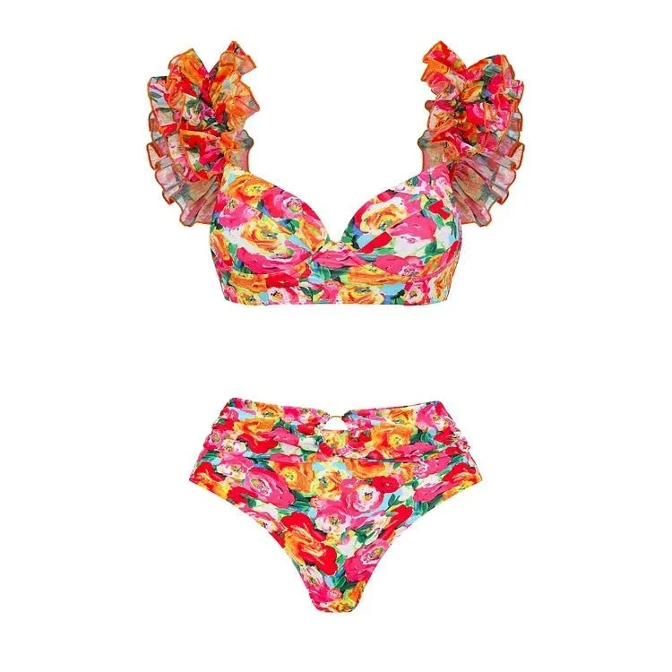 Women's floral push-up bikini set with high-waist briefs and split side design
